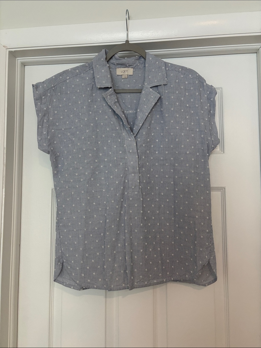 LOFT Light Blue Dot Short Sleeve Button-Down Shirt